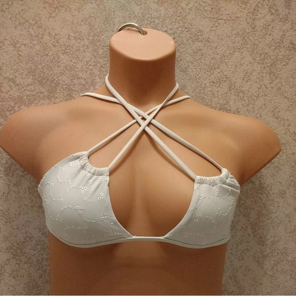La Hearts White Embroidered Halter Bikini Top